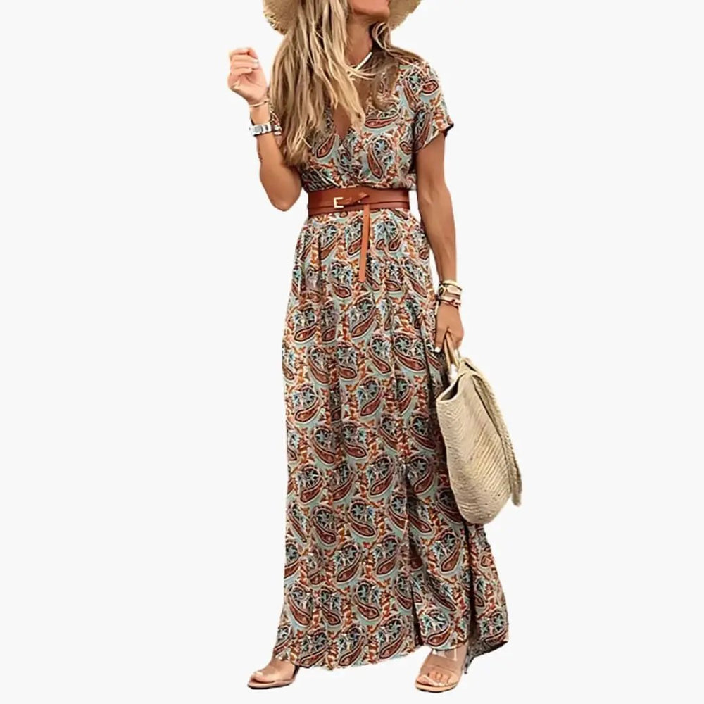 Women's Maxi Dress – Belted Waist, Short Sleeve & Ankle Length