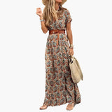 Women's Maxi Dress – Belted Waist, Short Sleeve & Ankle Length