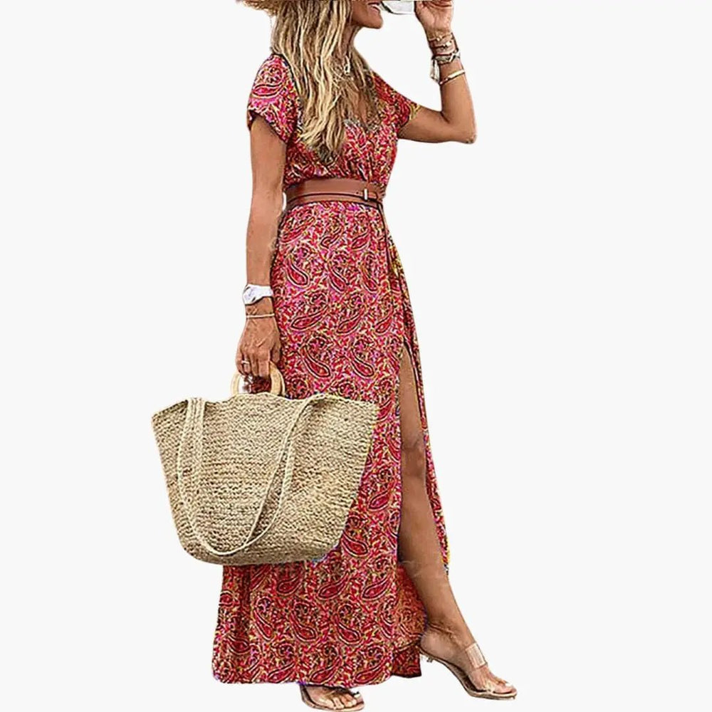 Women's Maxi Dress – Belted Waist, Short Sleeve & Ankle Length