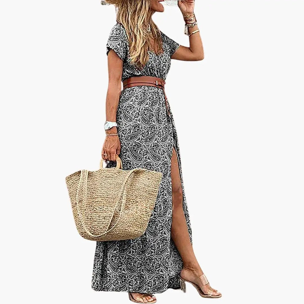 Women's Maxi Dress – Belted Waist, Short Sleeve & Ankle Length