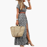 Women's Maxi Dress – Belted Waist, Short Sleeve & Ankle Length