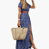 Women's Maxi Dress – Belted Waist, Short Sleeve & Ankle Length