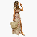 Women's Maxi Dress – Belted Waist, Short Sleeve & Ankle Length