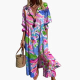 Women's Floral Maxi Dress – Round Neckline, Short Sleeves & Side Pockets