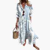 Women's Floral Maxi Dress – Round Neckline, Short Sleeves & Side Pockets