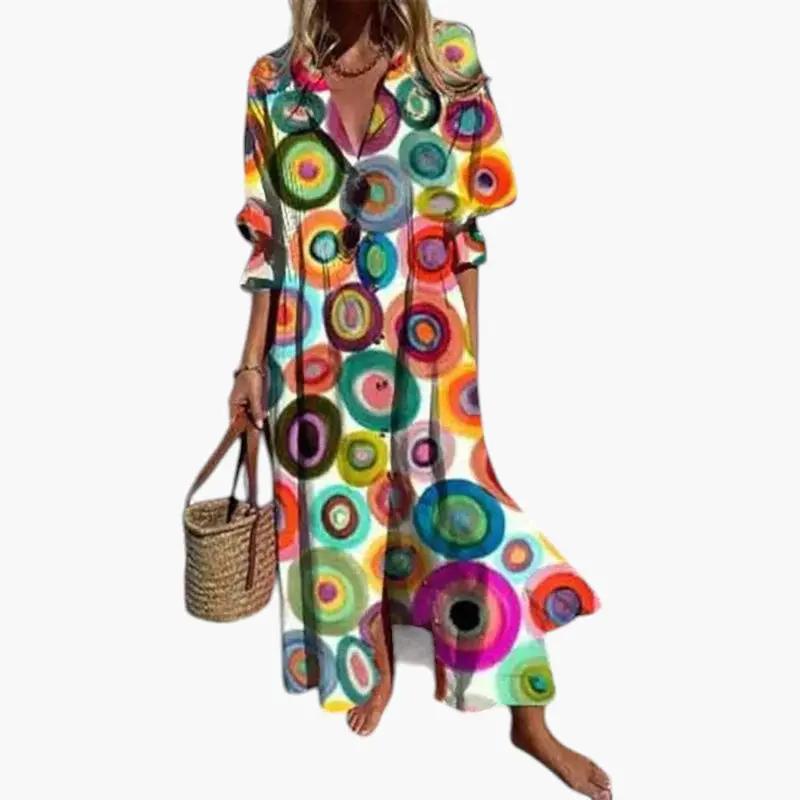 Women's Floral Maxi Dress – Round Neckline, Short Sleeves & Side Pockets