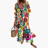 Women's Floral Maxi Dress – Round Neckline, Short Sleeves & Side Pockets