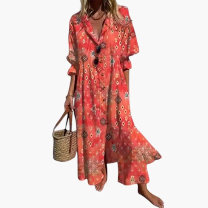 Women's Floral Maxi Dress – Round Neckline, Short Sleeves & Side Pockets
