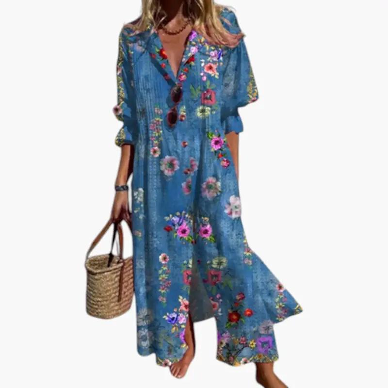 Women's Floral Maxi Dress – Round Neckline, Short Sleeves & Side Pockets