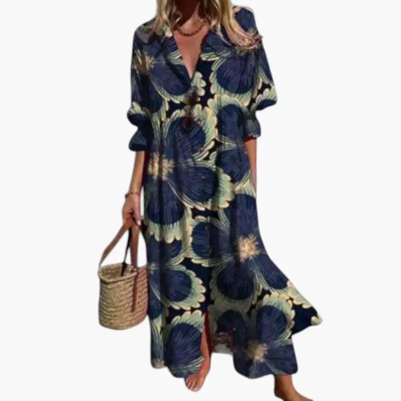 Women's Floral Maxi Dress – Round Neckline, Short Sleeves & Side Pockets