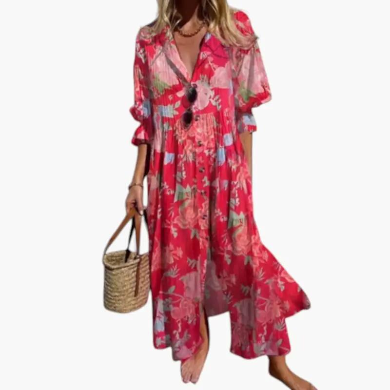 Women's Floral Maxi Dress – Round Neckline, Short Sleeves & Side Pockets