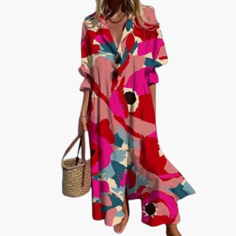 Women's Floral Maxi Dress – Round Neckline, Short Sleeves & Side Pockets