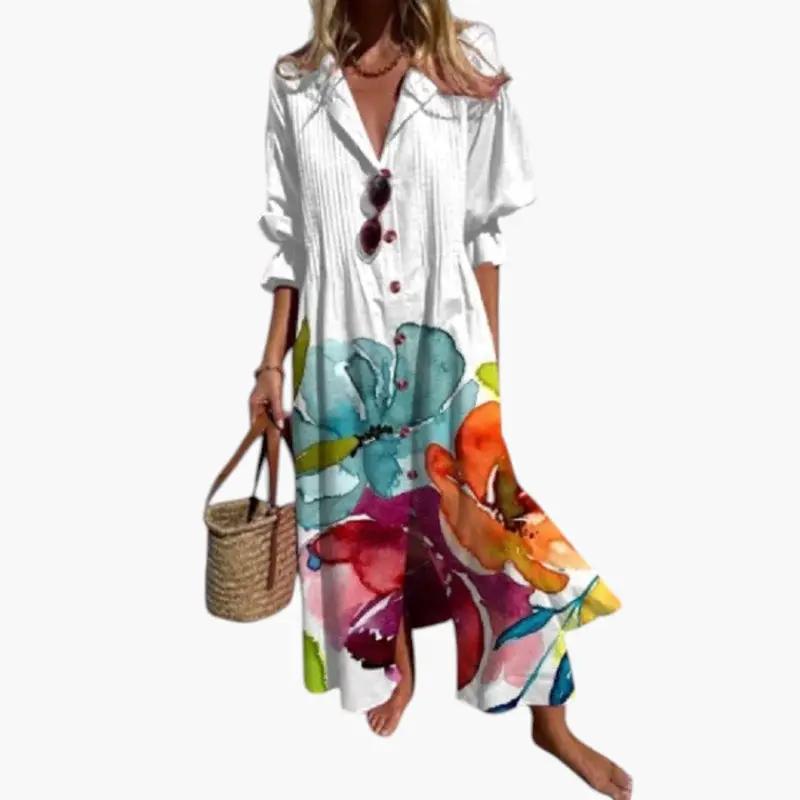 Women's Floral Maxi Dress – Round Neckline, Short Sleeves & Side Pockets