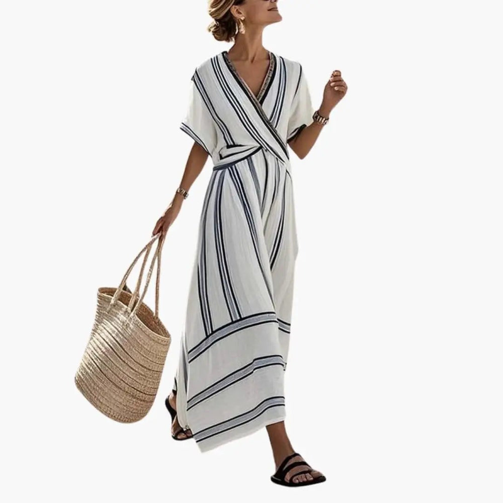 Women's Maxi Dress – Round Neckline, Relaxed Waist & Short Sleeves