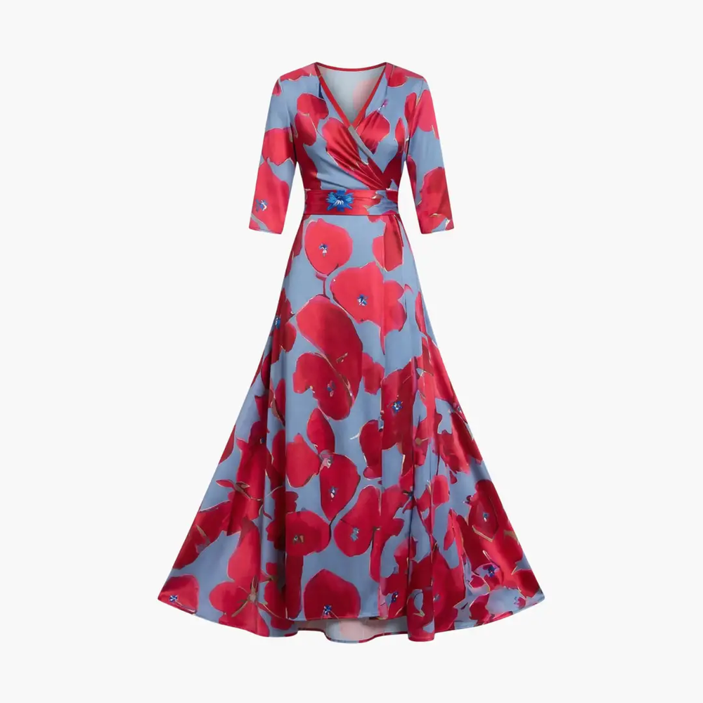 Women's Maxi Dress – Wrap Design & Three-Quarter Sleeves