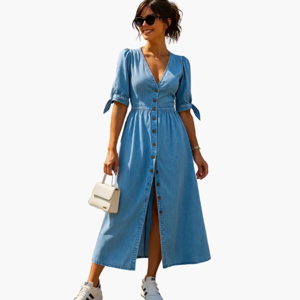 Women's Midi Dress – Button Front & V-Neckline