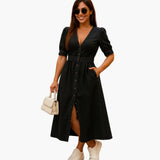 Women's Midi Dress – Button Front & V-Neckline
