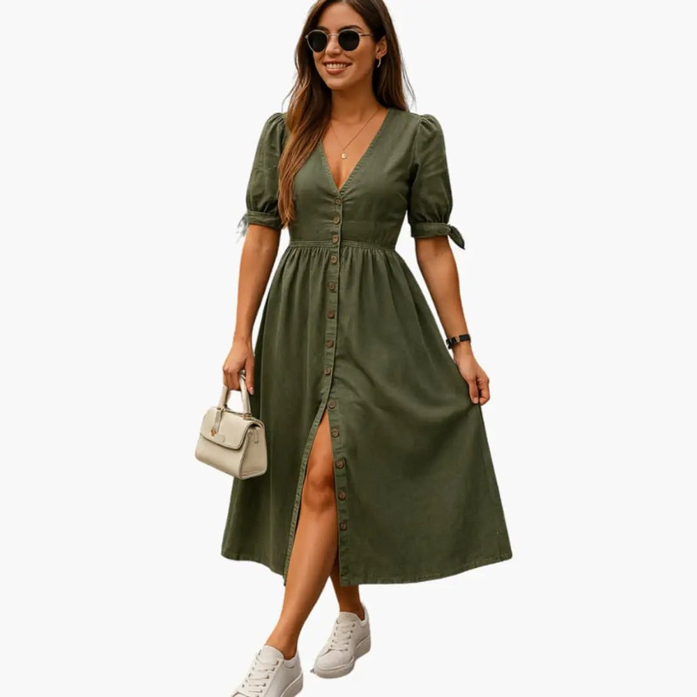 Women's Midi Dress – Button Front & V-Neckline