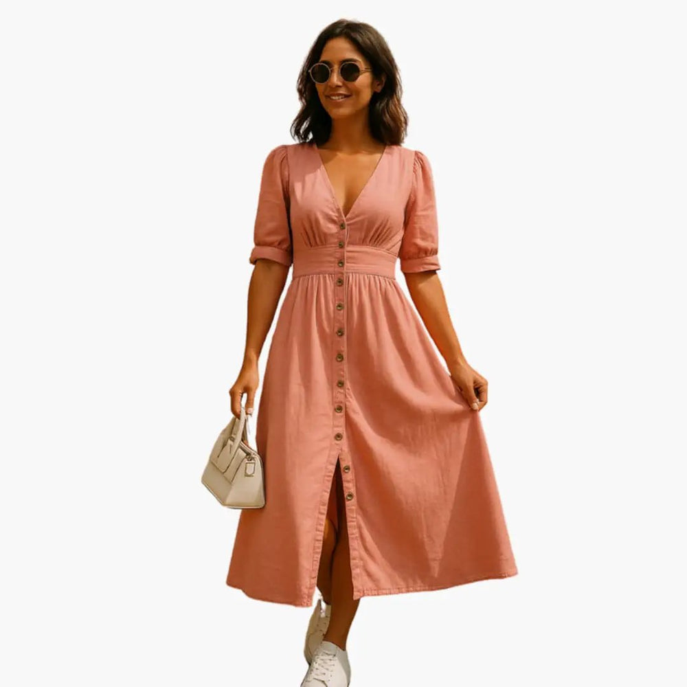 Women's Midi Dress – Button Front & V-Neckline