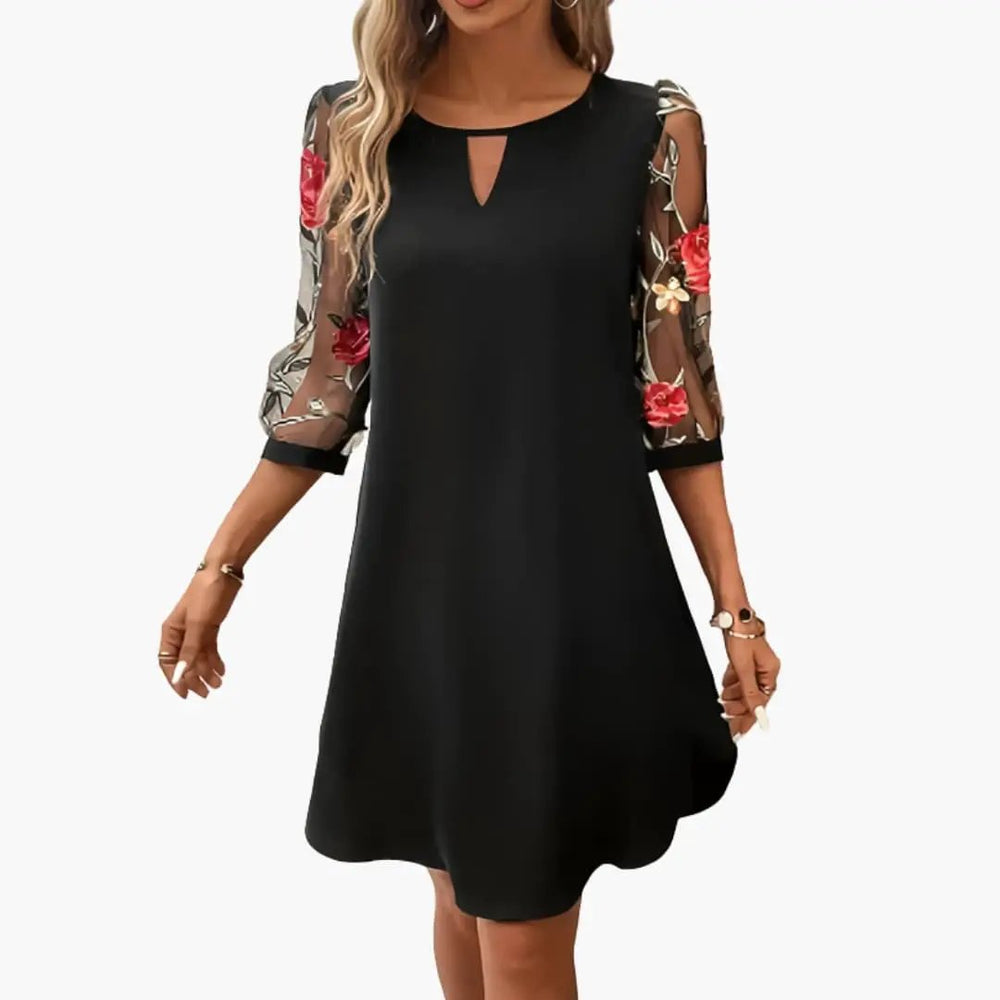 Women's Midi Dress – Keyhole Neckline, Floral Print & Long Sheer Sleeves