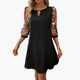 Women's Midi Dress – Keyhole Neckline, Floral Print & Long Sheer Sleeves