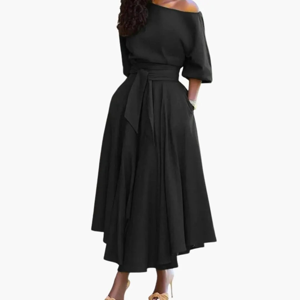 Women's Midi Dress – Off-the-Shoulder Neckline & Lantern Sleeves