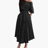 Women's Midi Dress – Off-the-Shoulder Neckline & Lantern Sleeves