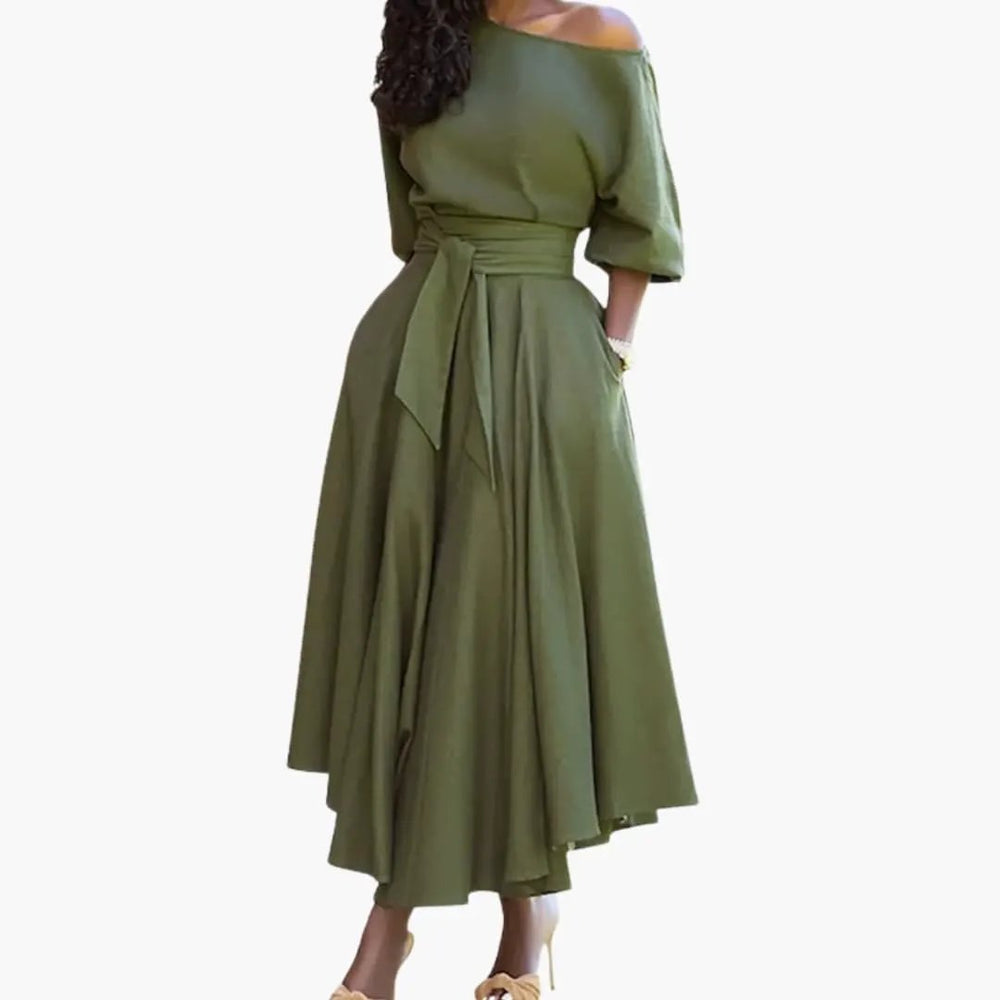 Women's Midi Dress – Off-the-Shoulder Neckline & Lantern Sleeves