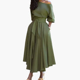 Women's Midi Dress – Off-the-Shoulder Neckline & Lantern Sleeves