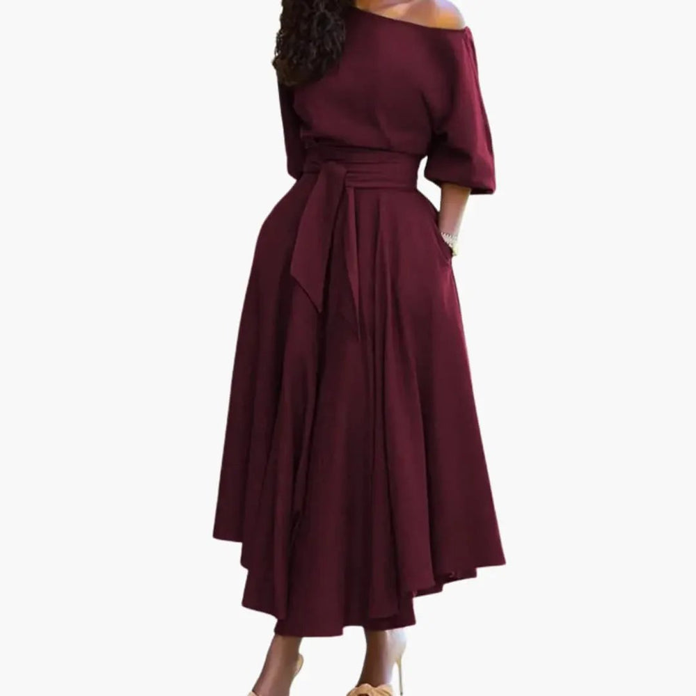 Women's Midi Dress – Off-the-Shoulder Neckline & Lantern Sleeves