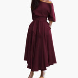 Women's Midi Dress – Off-the-Shoulder Neckline & Lantern Sleeves