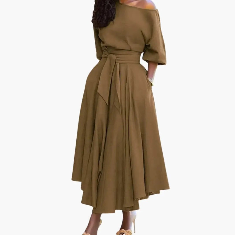 Women's Midi Dress – Off-the-Shoulder Neckline & Lantern Sleeves