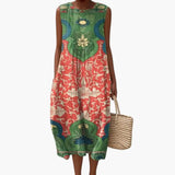Women's Midi Dress – Round Neckline, Sleeveless Design & Printed Pattern