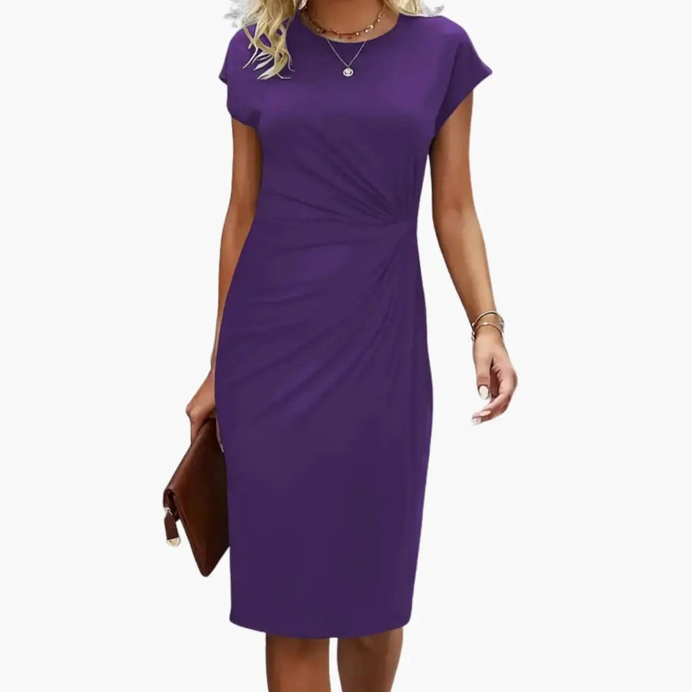 Women's Midi Dress – Round Neck, Fitted Waist & Short Sleeve