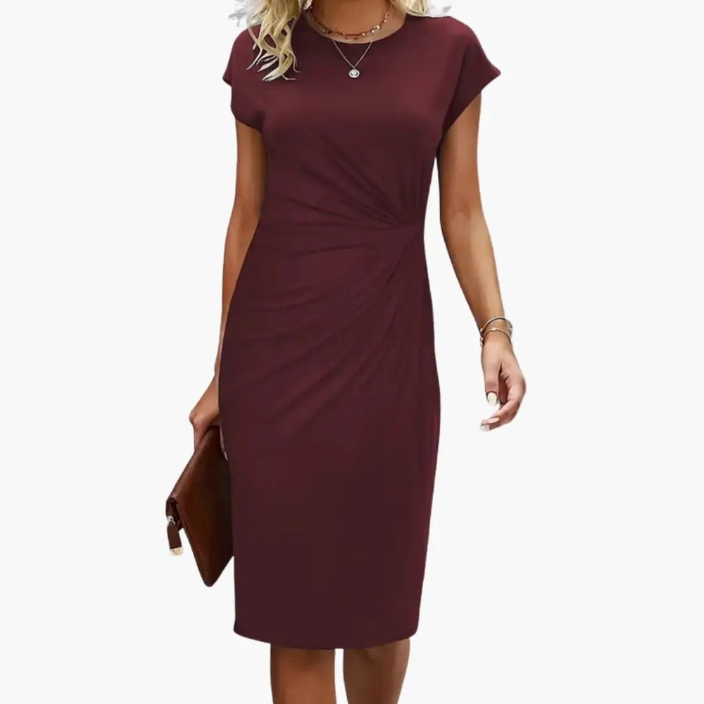 Women's Midi Dress – Round Neck, Fitted Waist & Short Sleeve