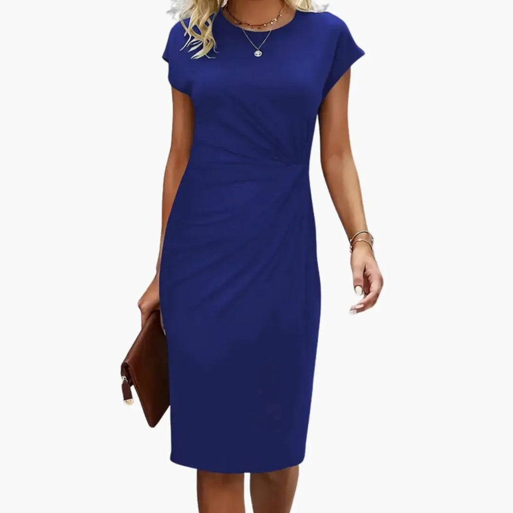Women's Midi Dress – Round Neck, Fitted Waist & Short Sleeve