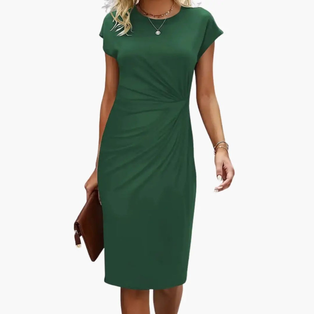 Women's Midi Dress – Round Neck, Fitted Waist & Short Sleeve