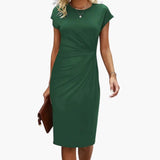 Women's Midi Dress – Round Neck, Fitted Waist & Short Sleeve