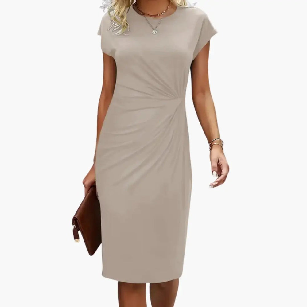 Women's Midi Dress – Round Neck, Fitted Waist & Short Sleeve