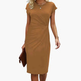 Women's Midi Dress – Round Neck, Fitted Waist & Short Sleeve