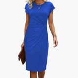 Women's Midi Dress – Round Neck, Fitted Waist & Short Sleeve