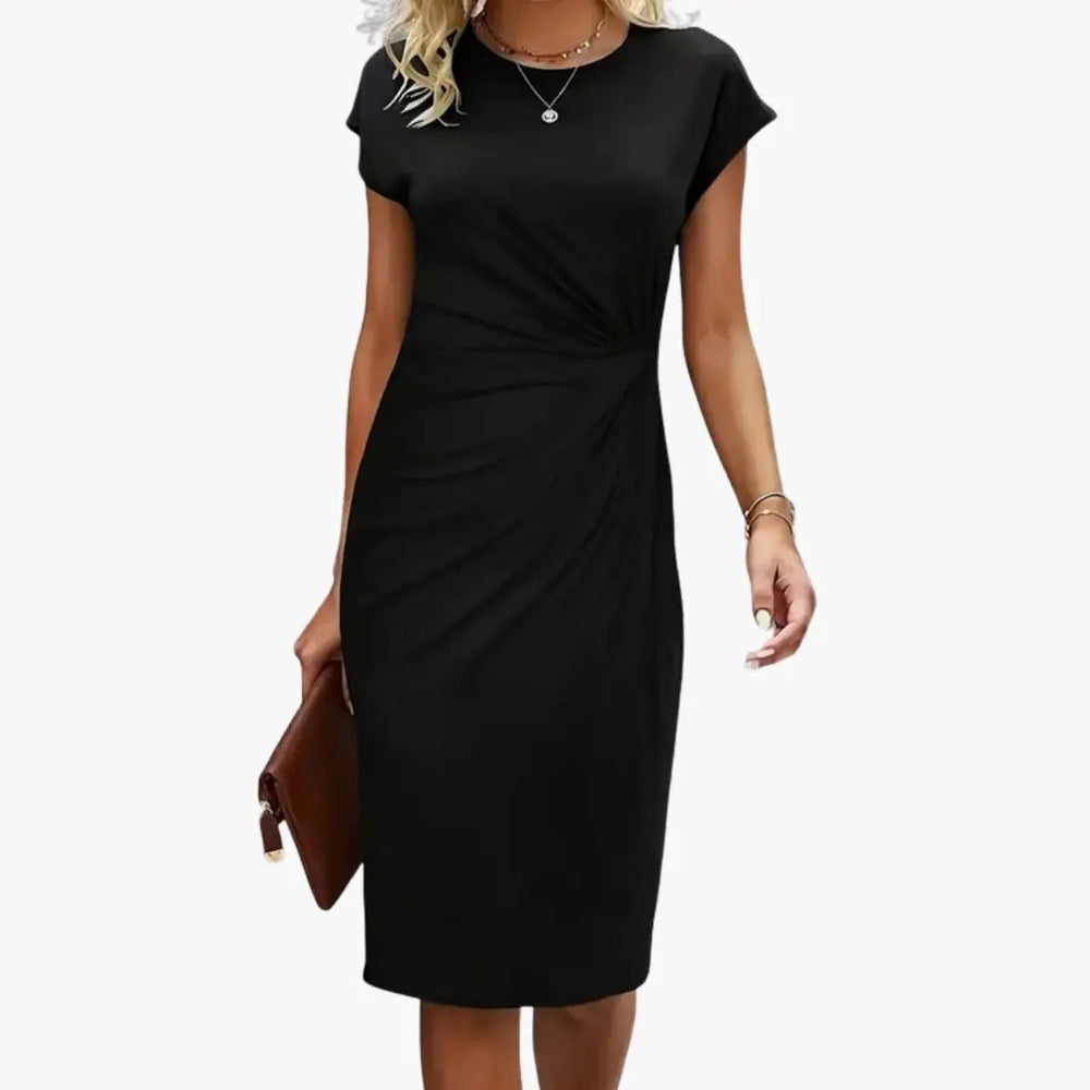 Women's Midi Dress – Round Neck, Fitted Waist & Short Sleeve