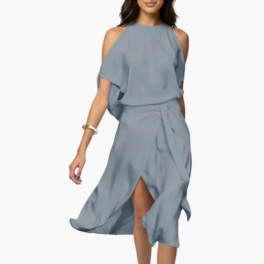 Women’s Midi Dress with Shoulder Cutouts and Halter Neck
