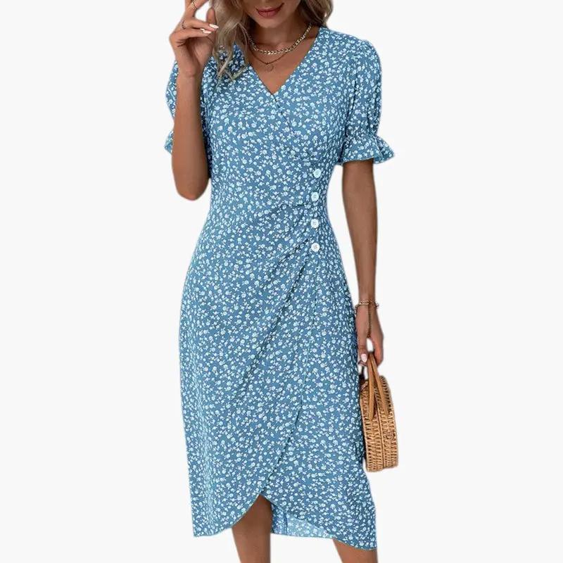 Women's Midi Dress – V-Neck, Floral Print & Short Sleeve