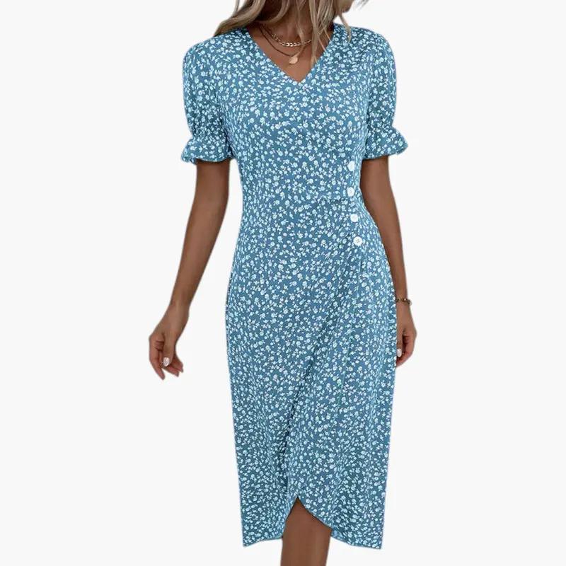 Women's Midi Dress – V-Neck, Floral Print & Short Sleeve