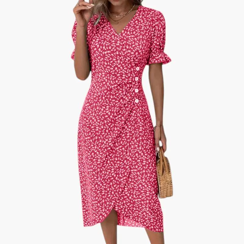 Women's Midi Dress – V-Neck, Floral Print & Short Sleeve