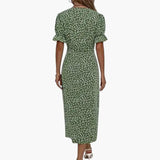 Women's Midi Dress – V-Neck, Floral Print & Short Sleeve