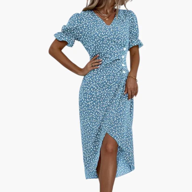 Women's Midi Dress – V-Neck, Floral Print & Short Sleeve
