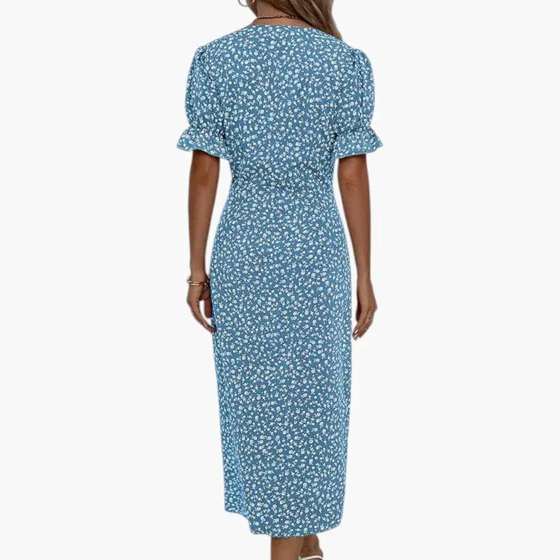 Women's Midi Dress – V-Neck, Floral Print & Short Sleeve