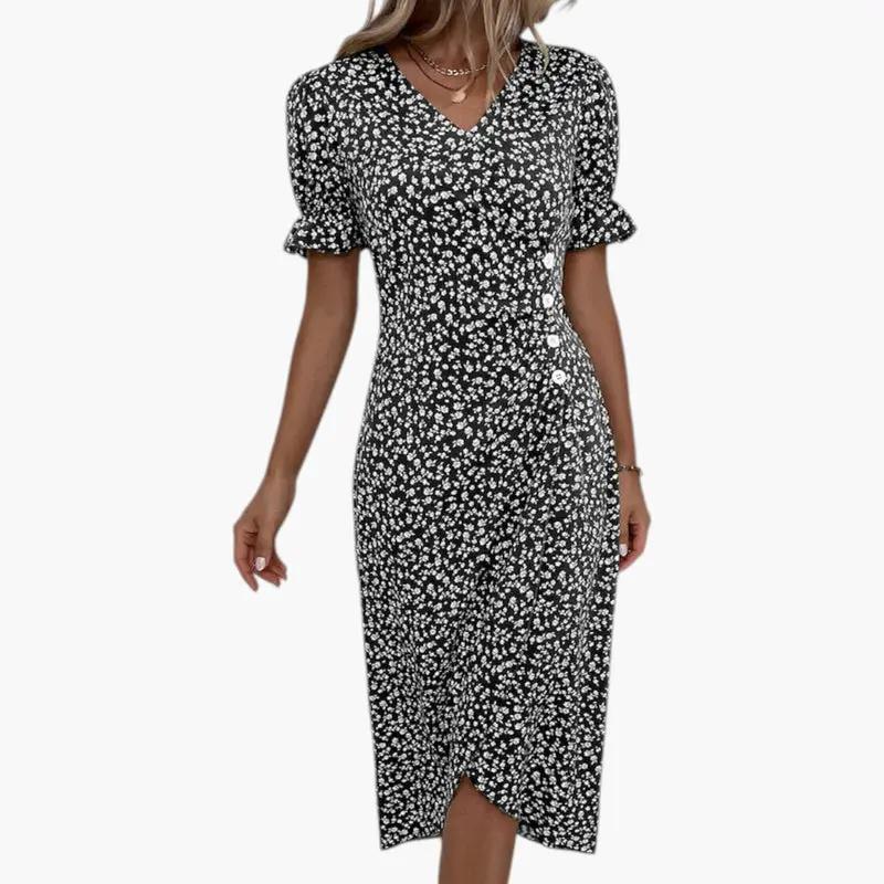 Women's Midi Dress – V-Neck, Floral Print & Short Sleeve